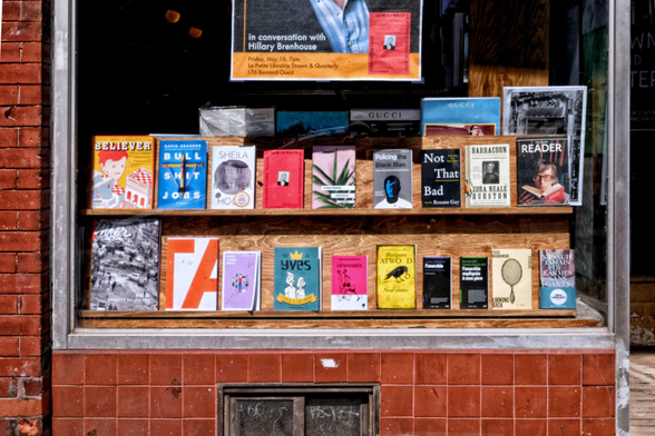 Window of a book store displaying two rows of various genres of books on wooden shelves
