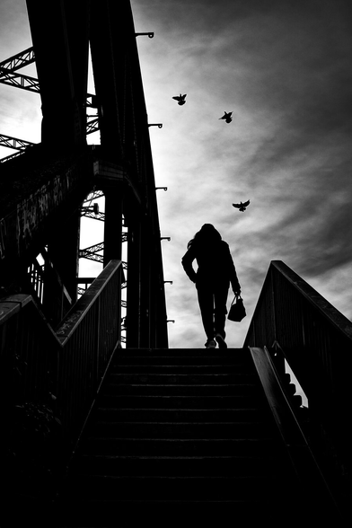 The silhouette of a woman with a handbag walking up a staircase against the light. Above her, in the contrasting, slightly cloudy sky, three pigeons startled by her.