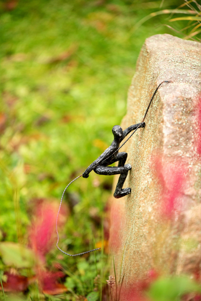 Auf dem Bild ist eine kleine, dunkle Figur zu sehen, die einen Felsen erklimmt.
Die Figur stellt einen Kletterer dar, der an einem Seil hängt.
Sie ist an einer hellen Felsformation befestigt.
Der Hintergrund ist unscharf und zeigt grüne Gräser sowie einige Pflanzen mit rötlichen Blättern.