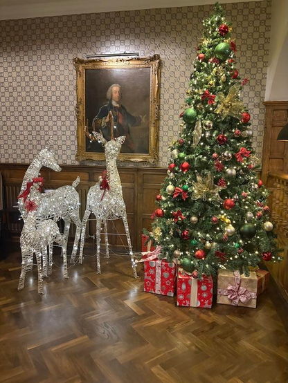 A photograph of a decorated Christmas tree with presents underneath. To the side are three illuminated reindeer. 