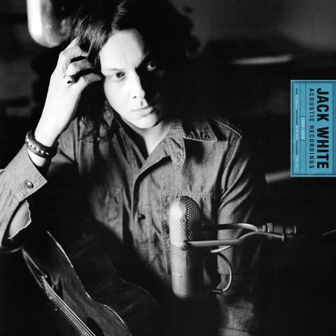 The album cover for Acoustic Recordings 1998–2016 by Jack White with a black and white photo of the artist with a guitar.