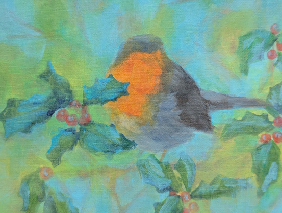 The first layers of color in my new painting of a Robin sitting on a holly branch, surrounded by green leaves and red berries, by Karen Kaspar