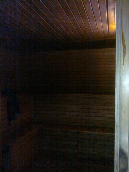 Poor quality photo of an old school sauna, darkened as there was only one light, raised in two rows for sitting people.