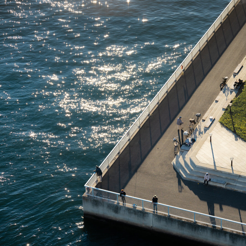 Aerial view of a waterfront with a concrete walkway bordered by a metal railing. Sparkling sunlight reflects on the water's surface. Several people are positioned along the walkway, some engaged in fishing. A bicycle is parked near the grassy area with neatly arranged steps and a lamppost, casting elongated shadows onto the ground.