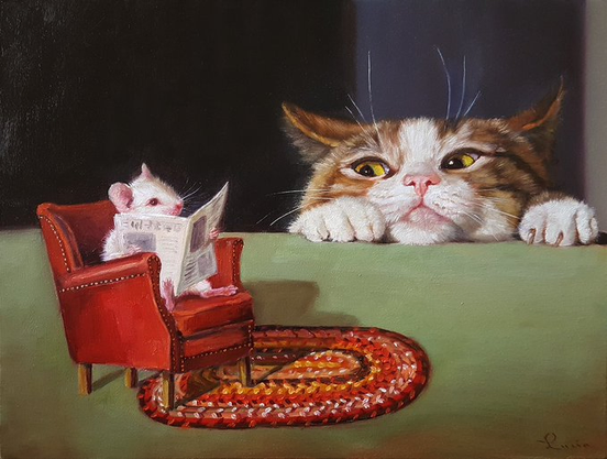 An oil painting depicting a whimsical scene. In the foreground, a small white mouse wearing glasses sits comfortably in a miniature red armchair, reading a tiny newspaper. In the background, a large brown and white cat with wide, curious yellow eyes peeks over a green surface, staring intently at the mouse.