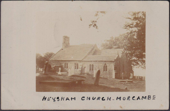 Sepia real photographic postcard showing a view of St Peter's Church at Heysham near Morecambe in Lancashire.

Publisher not stated, not numbered, c.1905-10.

Postally unused.

Good condition, with very slight corner bumps and light album marks, but two very light arc bends to the top left centre of the card.