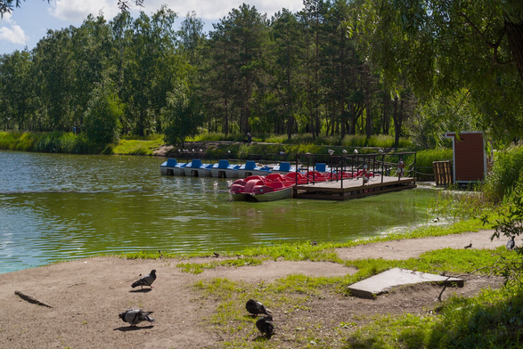 The image depicts a serene lakeside scene with a calm lake in the foreground, surrounded by lush green trees. Several boats are docked at the shoreline, including red and blue ones. A wooden dock extends into the water, providing access to the boats. The sky is clear and blue, suggesting a bright and sunny day. In the background, there are more trees visible, adding depth to the scene.