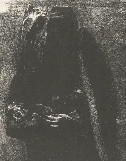 A shrouded figure stands in darkness, veiled and silent, holding what seems to be a lifeless form. Light barely touches the folds of the robe — a ghostly whisper between shadow and memory.