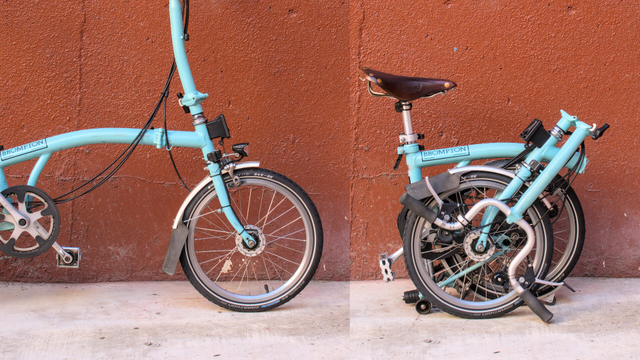 A collage of a blue Brompton in two panels - unfolded, and folded from the side