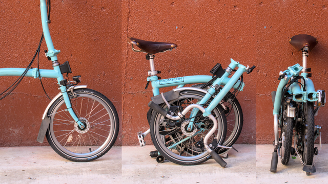 A collage of a blue Brompton in three panels - unfolded, folded from the side, and folded from the front