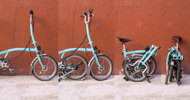 A collage of a blue Brompton in three panels - unfolded, tucked under, folded from the side, and folded from the front