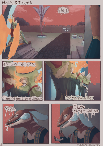 Two monsters stand outside a concrete house with a glowing blue arch feature. Grarej is smoking. The sky is red.
Grarej: "Hey. I'm worried too. The others are just-"
Amzarah: "Protecting me."
Grarej: "Yeah. Yeah, they think so."