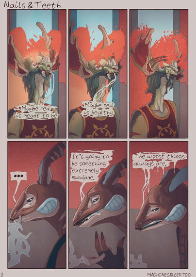 Amzarah: "Maybe red is meant to be. Maybe red is healthy". They tilt their head thoughtfully.
Grarej: "..."
Grarej: "It's going to be something completely mundane. The worst things always are." Their expression becomes pained, as they lower their cigarette