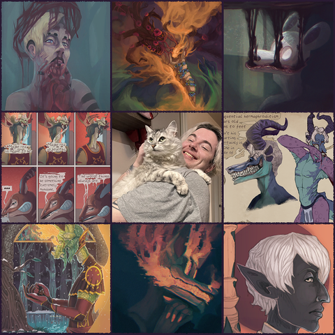 9 tiles in a 3 by 3 grid- 8 are artworks of mine, and the one in the middle is a photo of me