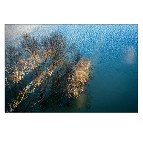 The picture was taken looking down from a bridge. Under the bridge, trees stood in the floodwaters and the sun was already low, and as it shone through the bridge, the pillars cast striped shadows on the trees.
