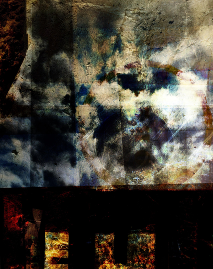 An abstract composition featuring a blend of dark, textured layers and cloudy atmospheric imagery. The top half is dominated by clouds in grey and blue. On the top left an ominous structure looms over the whole thing, its texture resembling faces. On the right, circular patterns in the texture vaguely resemble an eye looking down and to the left. The lower portion is dark but with areas of bright, chaotic textures in shades of red, orange, gold, and teal.