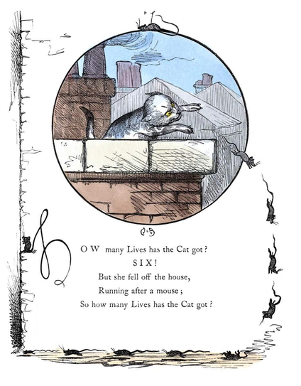 A cat chasing mice on a roof, with chimneys in the background, is about to jump over the parapet. The full verse below the main illustration goes as follows:
    How many lives has the cat got?
    SIX!
    But she fell off the house,
    Running after a mouse;
    So how many lives has the cat got?