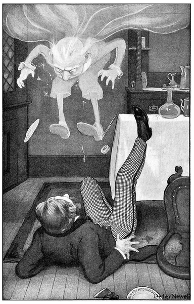 A ghost heartily jumps onto a man who lies on the floor of a dining room, apparently having fallen from his chair.