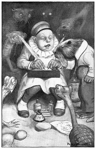 A plump man with a round face, wearing a hat and a ruff, is sitting with a writing case on his knees and a quill in each hand, surrounded by animals that are staring at him.