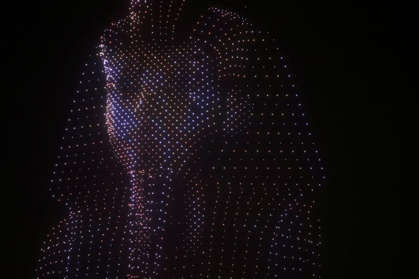 A drone light show depicts the mask of ancient pharaoh king Tutankhamen,