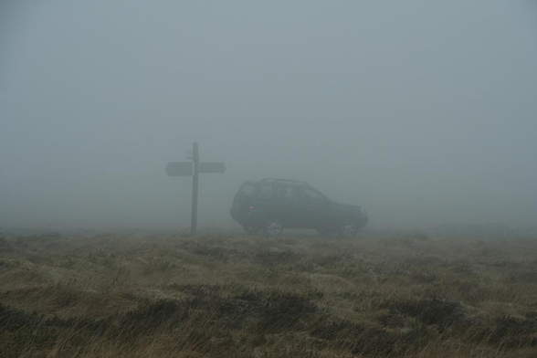 Ein Wegweiser, ein vorbeifahrendes Auto -  kann man im Nebel erahnen. Das winterbraune Gras verschwindet, wenige Meter, von uns entfernt im dichten Nebel. 