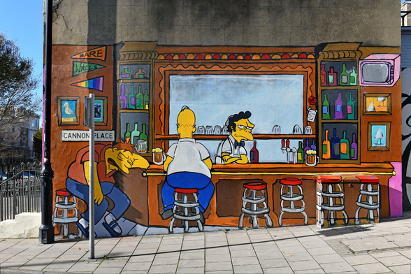 Photo of a mural at Cannon Place, Brighton, depicting Moe's bar from the Simpsons cartoon series