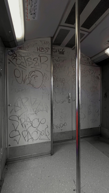 Interior of subway train. The pole in the center shines before the tagged wall behind. A single red reflection on it and the red line on the map (barely seen on top left) are the only vivid colours.
There are no people at all. 