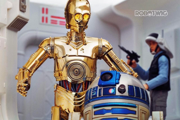 R2 and c3Po walk through the corridors of the Rebel Cruiser whilst it's under attack