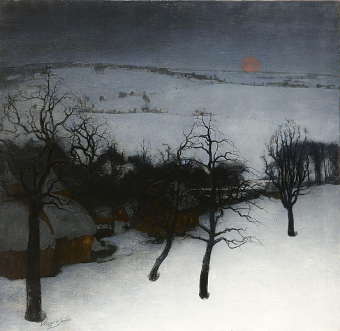 A winter landscape at dusk featuring bare trees and a snowy field. In the background, a faint red sun sets over distant hills and scattered silhouettes of houses. The overall scene conveys a serene, cold atmosphere.