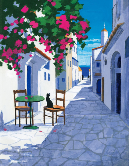 A serene alleyway scene featuring white-washed buildings and vibrant pink bougainvillea. Two wooden chairs surround a small green table, with a black cat sitting on one chair. The background shows a glimpse of the sea under a clear blue sky.