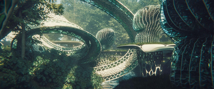 Lattice-like structures and walkways through the jungle on a sunny day.