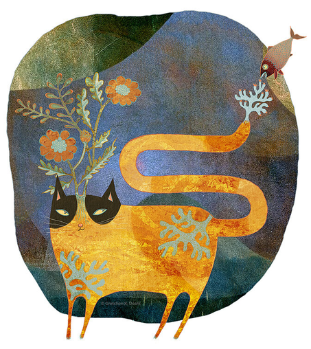 A cat stands very still, slyly glancing at the tip of its tail, where a hopeful fish has come for a nibble. On the tip of its tail grows a bit of tasty-looking vegetation. Its orange body has seaweed shaped patterns. From the top of the kitties head, branching flowers of green and orange blossom and sway, enticing the unwary to come closer.