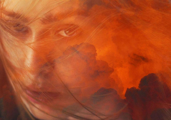 A striking double-exposure portrait of vibrant orange and dark red hues, depicting a person against a dramatic and smoky abstract background full of texture and depth.