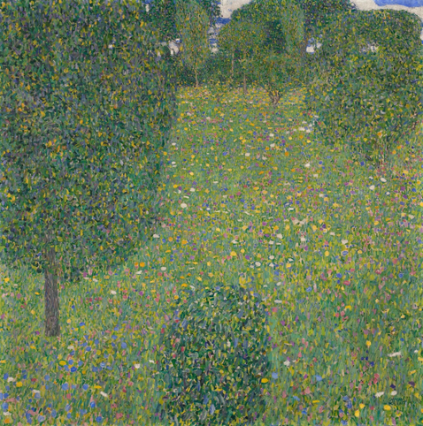 A vibrant landscape featuring lush green grass dotted with colorful wildflowers in various shades. There are several rounded trees, with a serene sky in the background. The painting captures a tranquil, natural scene.