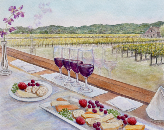 Watercolor painting of four red wine glasses, cheese and fruit plates on a table. The table overlooks a vineyard, hills and house in the background.