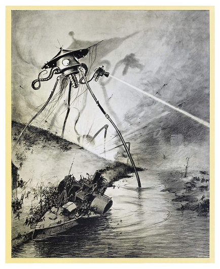 A tall, robot-like figure with long, stick legs and wide eyes fires a ray gun across a river, where a steamboat moored to the crowded bank lists perilously.