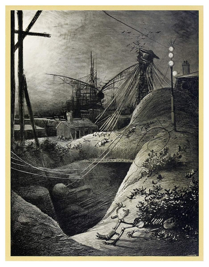 View of a ruined city bathed in pallid light reveals remnants of metal structures, hanging wires, half-buried tunnels, and skeletons.