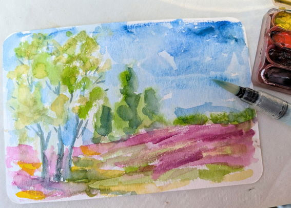 Loose watercolor sketch of a landscape with trees, blue sky and fields of pink heather by Karen Kaspar.