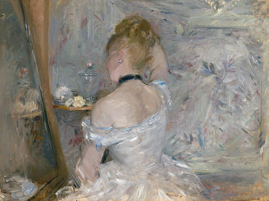 Berthe Morisot - Woman at Her Toilette - 1924.127 - Art Institute of Chicago

Woman at her Toilette shows a woman in front of a mirror in her bathroom, facing away from the viewer. The piece contains a silvery-gray and white palette with subtle hints of blue.

https://en.wikipedia.org/wiki/Woman_at_her_Toilette#/media/File:Berthe_Morisot_-_Woman_at_Her_Toilette_-_1924.127_-_Art_Institute_of_Chicago.jpg