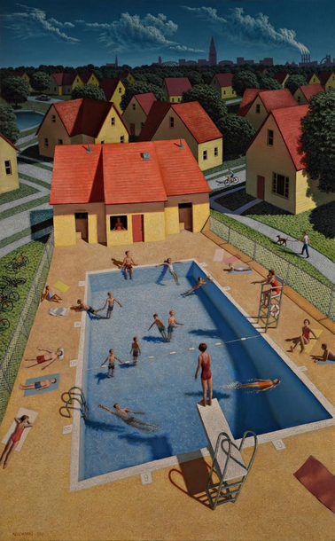 An overhead view of a swimming pool surrounded by yellow houses with red roofs. Several children are swimming and playing in the pool, while others relax on the poolside. A lifeguard stands on a platform, and a few people are walking nearby.