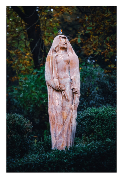 This photo is of a weathered, stone statue of a robed woman standing in the middle amidst greenery. The statue has aerene expression, holds some of the fabric of the robe in her right hand and the cloth from the robe drapes over her head. A small red robin is perched on her head. The background has dense, dark green foliage with little red/orange tints of autumn colors.