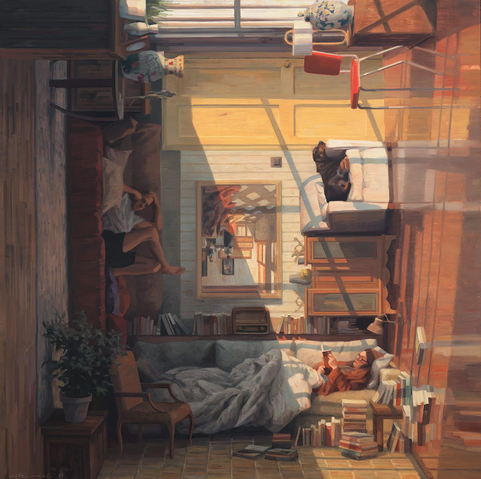 a surreal painting by Cinta Vidal of the interior of a home in which furnishings and scenes take place both on the floor and upside-down on the ceiling