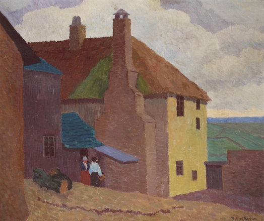 A rural scene featuring two buildings with textured walls and roofs, one in yellow and the other with a blue roof. Two figures are seen near the entrance of the building, surrounded by a natural landscape with rolling hills in the background. The sky is partly