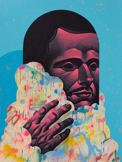 Portrait artwork by Michael Reeder showing a pink-and-black face emerging from colorful paint drips and abstract splashes on a bright blue background.