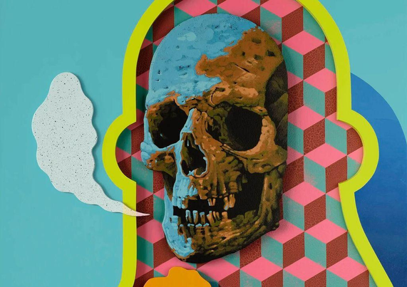 Detail of a Michael Reeder piece depicting a weathered skull inside a geometric pink-and-teal pattern, outlined by neon yellow and teal shapes with a stylized speech-cloud.