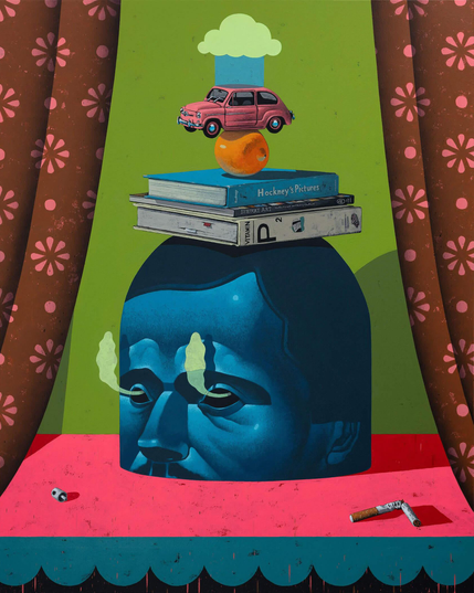 A surreal painting by Michael Reeder featuring a blue sculptural head beneath a stack of books, an orange, and a pink toy car, framed by patterned curtains and set against bold green and pink tones.