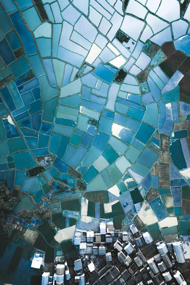 An arial photo of rice fields taken from a satellite or plane. The colors are in shades of blue, the shapes irregular as though shards of a broken mirror or stained glass