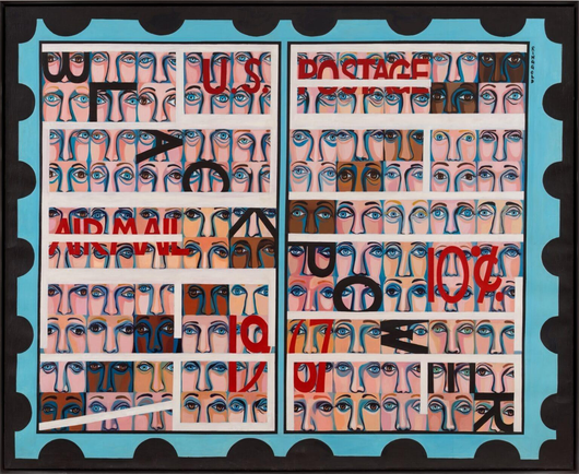 a painting by Faith Ringgold based on the shape of a postage stamp with numerous facies and the words "Black power" and "10 cents"