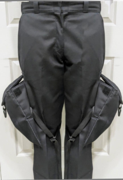 Black pants with oversized cargo pockets that I made (one leg is real and the other is a photoshopped mirror image)