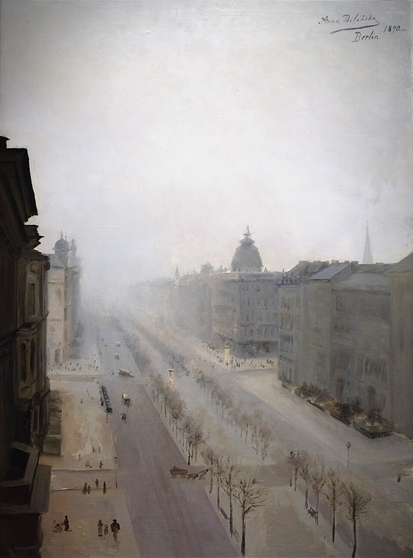 A Realist painting. We have a view, as if from a high window, of Unter den Linden street in Berlin, in the winter. A line of bare trees go down the center. There are various people walking the sidewalks and a few wagons and carriages visible. The sky is hazy and there is fog obscuring the distance; the dome of the French cathedral, the tower of St. Peter's, and the Passage-Panoptikum building (now gone) are visible.